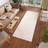 Tapiso Versay Fringes Tapijtloper Beige Licht Hoogpolig Woonkamer Slaapkamer Gang Maat- 80x200
