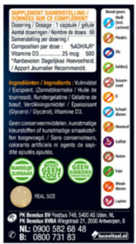 Verpakking met informatie over Lucovitaal Vitamine D3 capsules. Links de capsule in de verpakking. Bevat 60 capsules van 25 mcg.