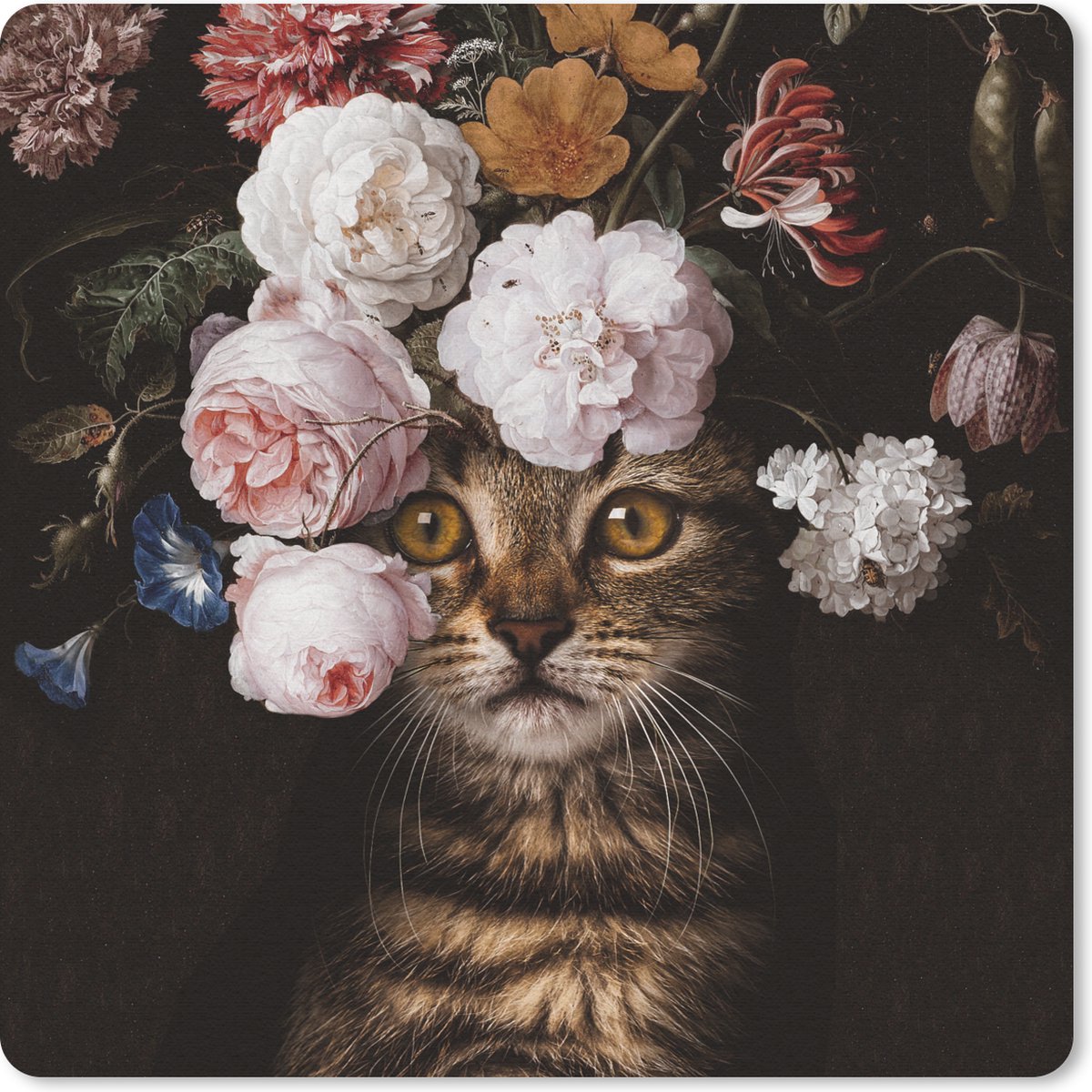 Muismat 20x20 cm - Mousepad Kat - Bloemen - Huisdier - Muismatten