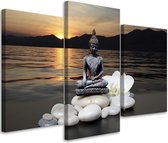 Trend24 - Canvas Schilderij - Boeddha Op De Meerachtergrond - Drieluik - Oosters - 150x100x2 cm - Bruin