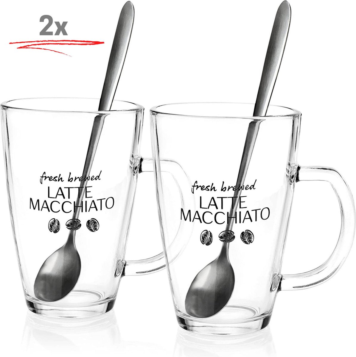 2 x 300ml Latte Macchiato koffie bekers/mugs met 2 lepels - 4-Delig