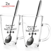 2 x 300ml Latte Macchiato koffie bekers/mugs met 2 lepels - 4-Delig