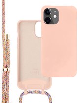 iPhone 12 hoesje - Wildhearts Silicone Happy Colors Cord Case - Hoesje met koord - Telefoonhoesje - iPhone hoesje - Roze - Regenboog