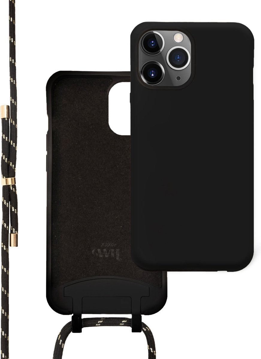 xoxo Wildhearts siliconen hoesje geschikt voor iPhone 11 Pro - Silicone Pretty Black & Gold Cord Case - telefoonhoesje met koord - telefoonkoord - zwart / goud