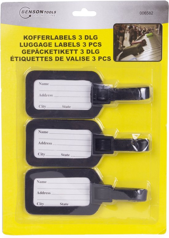 Verpakking met 3 zwarte kofferlabels met labelruimte voor naam, adres en woonplaats.
