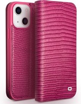 Qialino - lederen luxe bookcase hoes - iPhone 13 - Croco Roze