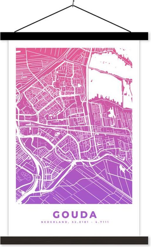 Porte-affiche avec affiche - Affiche scolaire - Plan de la ville - Gouda - Violet - Nederland - 120x180 cm - Lattes noires