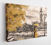 Canvas schilderij - Oil on canvas, London street. Artwork. I'm the husband. men and women under the yellow umbrella. Tree. England. Bridge and River  -     562375690 - 40*30 Horizo