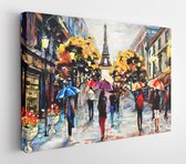 Canvas schilderij - Oil painting on canvas, Paris street view. Art work, Eiffel Tower. People under the red, blue umbrella. Tree. France  -    674573686 - 115*75 Horizontal