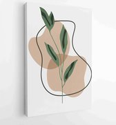 Canvas schilderij - Green and earth tone background foliage line art drawing with abstract shape and watercolor 3 -    – 1922511890 - 50*40 Vertical