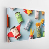 Canvas schilderij - Halloween and decoration concept - monsters from toilet paper roll tube. Simple diy creative idea. Eco-friendly reuse recycle decor, kindergarten paper craft  -