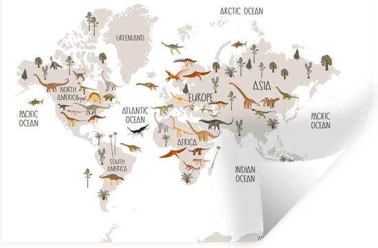 Stickers Stickers muraux - Carte du Wereldkaart des enfants - Dinosaures - Chambre d'enfants - 60x40 cm - Feuille adhésive