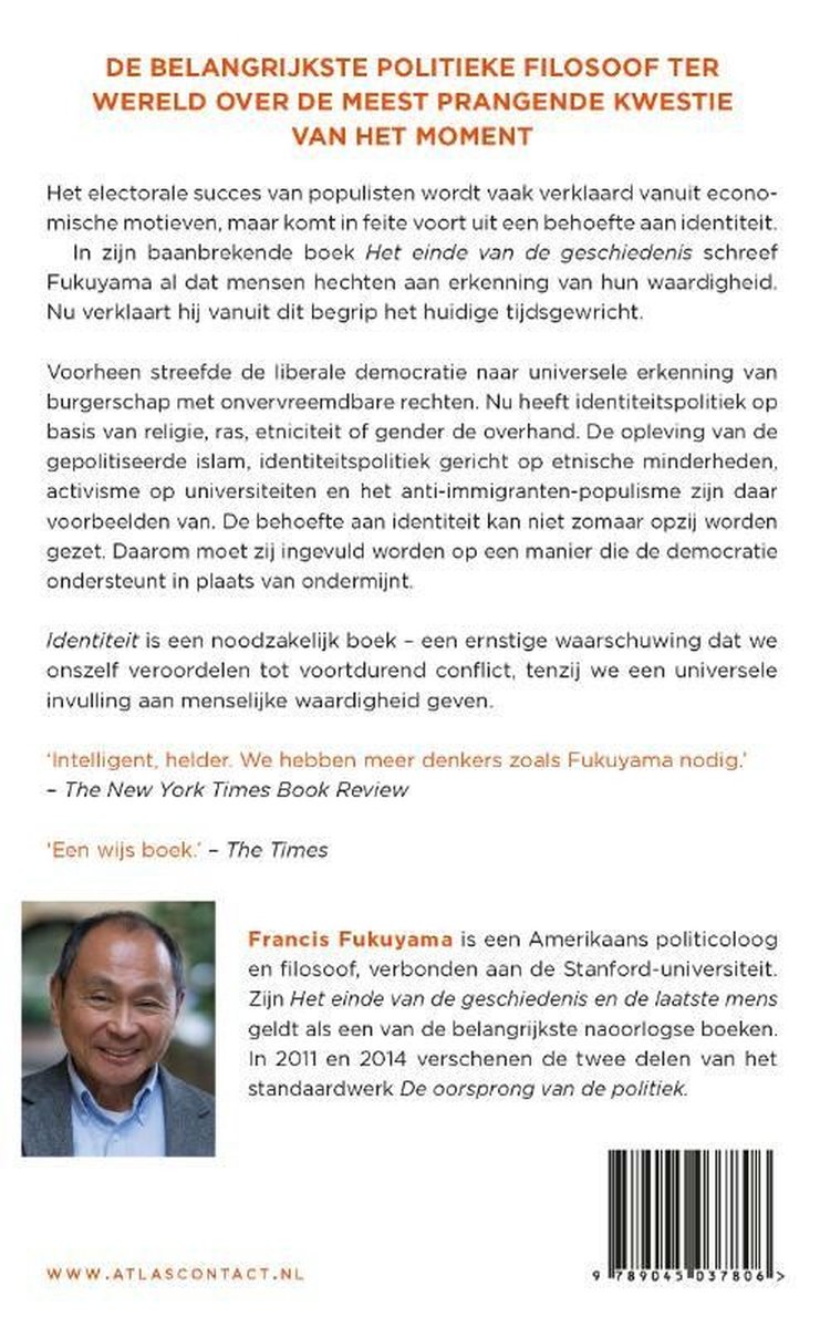 Achterkant van een boek met een foto van Francis Fukuyama en tekst over zijn werk.
