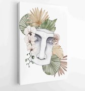 Aquarel antiek marmeren standbeeld van half gezicht met boho bloemen, gedroogde tropische palmblad geïsoleerde geïsoleerde illustratie sculptuur - Moderne schilderijen - Verticaal