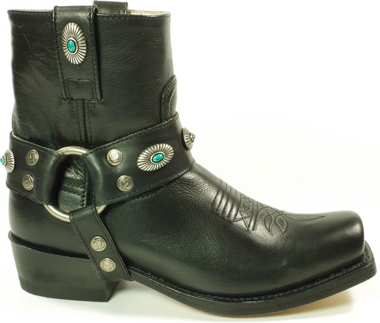 Sendra Boots 11070 Zwart Blues Dames Enkellaars Ibiza Gipsy Cowboy Western Vierkante Neus Platte Hak Rechte Schacht Afneembaar Spoor Turquoise Echt Leer Maat 37