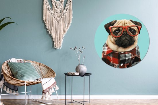 WallCircle - Peinture - Chien Hipster Lunettes Blouse Et - Multicolore - 90 X 90 Cm