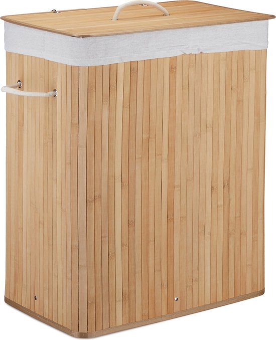 Relaxdays Wasmand 2 Vakken Bamboe Wasbox 95 Liter Opvouwbaar Met Deksel Naturel 590902915