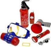 Klein Toys 7-delige brandweer set - brandblusser, zaklamp, megafoon, gasmasker, mobiele speelgoedtelefoon, fluitje en naamplaatje - incl. licht- en geluidseffecten - rood blauw