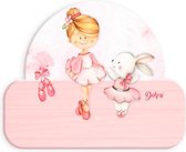 naambord ballerina met konijn meisjes 12 x 17 cm hout roze