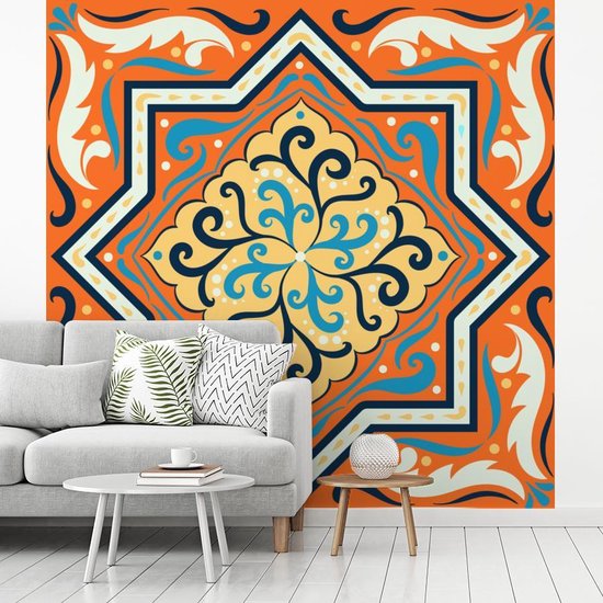 Motif carré avec une étoile sur fond orange avec décorations 240x240 cm