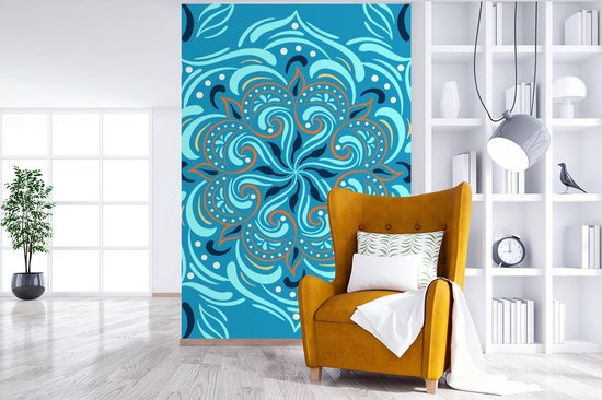 Motif abstrait d'une fleur détaillée et orange sur fond bleu 225x350 cm