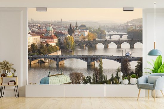 Papier peint photo peint photo vinyle - Les ponts de Prague avec un ciel gris largeur 330 cm x hauteur 220 cm - Tirage photo sur papier peint (disponible en 7 tailles)