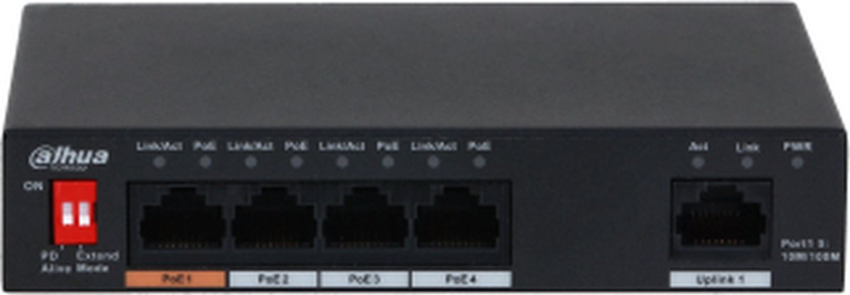 Dahua - PoE Switch - 4 PoE Poorten + 1 Uplink Poort - Speed 10/100 Mbps - Netwerken Verbinden - 60 Watt