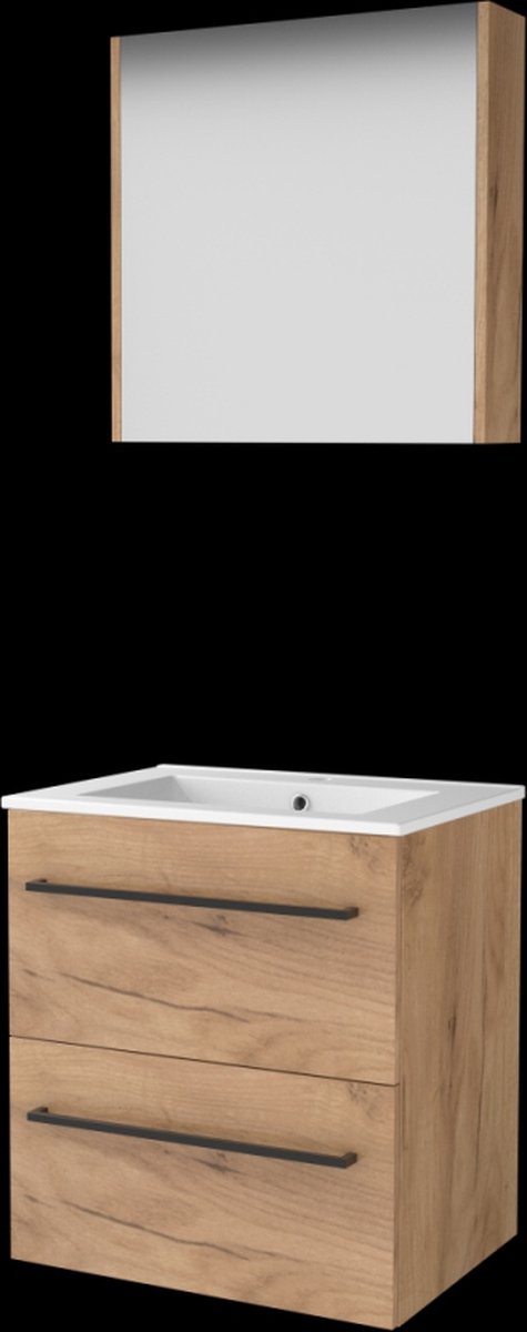 Basic Comfort 46 badmeubelset met spiegelkast, wastafelonderkast met grepen, 2 lades en porseleinen wastafel met 1 kraangat 60 x 46 cm, whisky oak