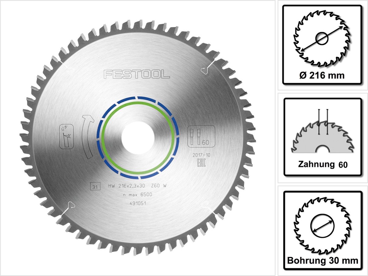Festool Cirkelzaagblad voor Aluminium Plastics Ø 216mm Asgat 30mm 60T 491051