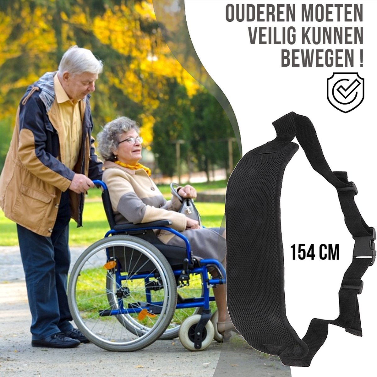 Goedkoopste Brede Luxe Rolstoelgordel - Veiligheidsriem voor Rolstoelen - Veilige Heupband voor Rolstoel Scooter Scootmobiel Riem - Zwart - 154 x 14 cm