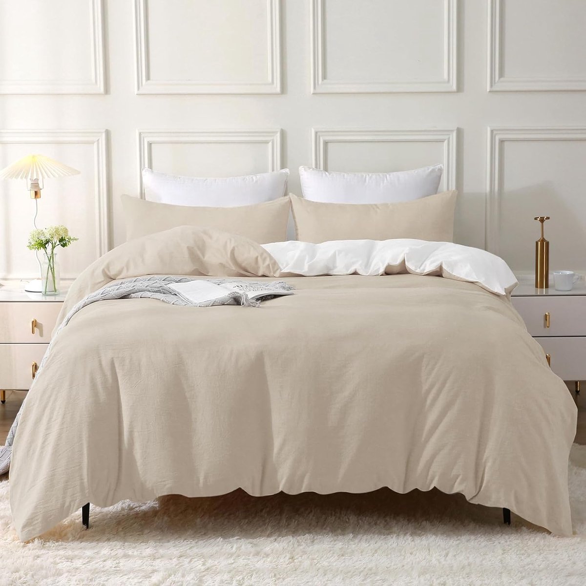 Dreamzie dekbedovertrek 220x240 cm met 2 kussenslopen 65x65 cm, beige wit tropisch palmbladerenpatroon, 220x240 beddengoedset voor volwassenen met ritssluiting, beddengoed, Oeko TEX