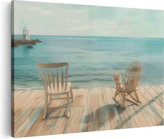 Artaza Canvas Schilderij Twee Schommelstoelen op een Houten Terras met Uitzicht op de Oceaan - 120x80 - Groot - Foto Op Canvas - Canvas Print