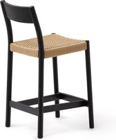 Kave Home - Kruk Yalia met massief eikenhouten rugleuning, zwarte afwerking en zitting van touw 65cm F