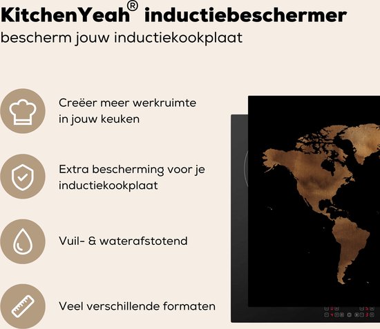 Zwarte inductiebeschermer met wereldkaartprint. "KitchenYeah® inductiebeschermer, bescherm jou inductiekookplaat".