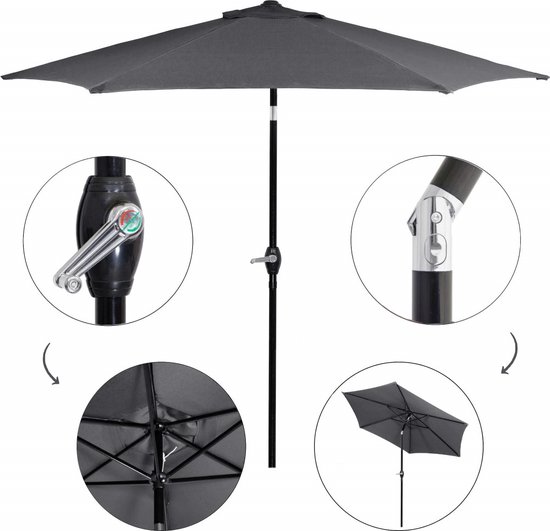 Gedetailleerde weergave van een antracietkleurige parasol. Inclusief close-ups van de kantelmechanisme en stof.