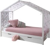 Lit Home Dallas 3 90x200 avec lit tiroir & voilage motif papillon - blanc/rose