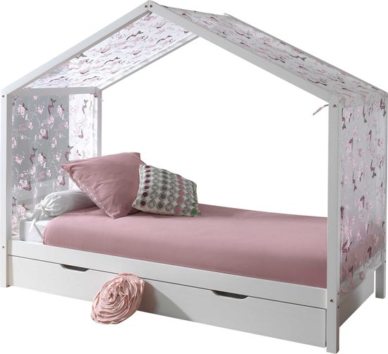 Bedhuisje Dallas 3 90x200 met bedlade & voile met vlindermotief - wit/roze