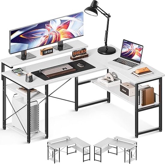 SHOP YOLO-hoekbureau wit-opbergplanken-bureau L-vorm-137 x 102 x 76 cm-met CPU-standaard-omkeerbare computertafel met verstelbare lange monitorstandaard