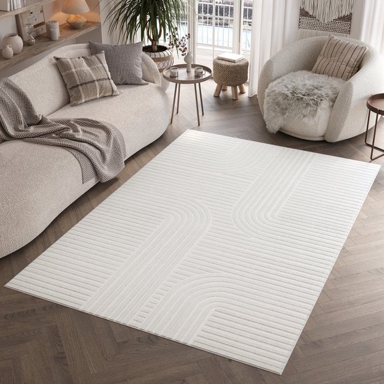 Tapiso Hygge Vloerkleed Gebroken Wit Geometrisch Woonkamer Tapijt Maat- 140x200