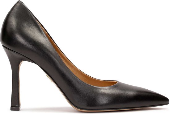 Black leather pumps with pointed toes