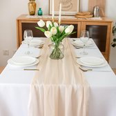 Tafelloper, chiffon, decoratiestof in natuurlijk beige, dunne tafeldecoratie voor verjaardagen, bruiloften, 75 x 300 cm, champagne