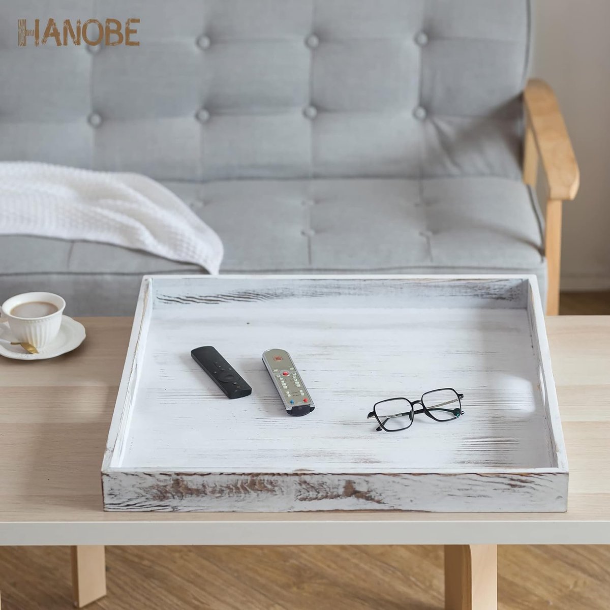 Hanobe Groot vierkant Ottomaans tafelblad: extra groot dienblad van rustiek hout, decoratief, voor Ottomaanse salontafel, met handgrepen voor de woonkamer, wit