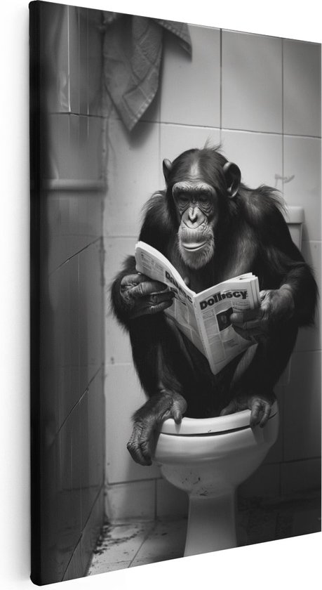 Artaza Canvas Schilderij Chimpansee Zittend op een Toilet een Krant Lezend - 20x30 - Klein - Foto Op Canvas - Canvas Print
