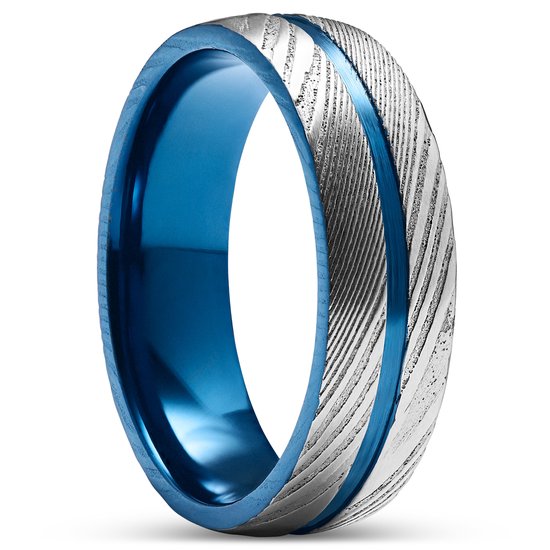 Fortis | 7 Gegroefde Ring van Zilverkleurig Damascusstaal en Blauw Titanium