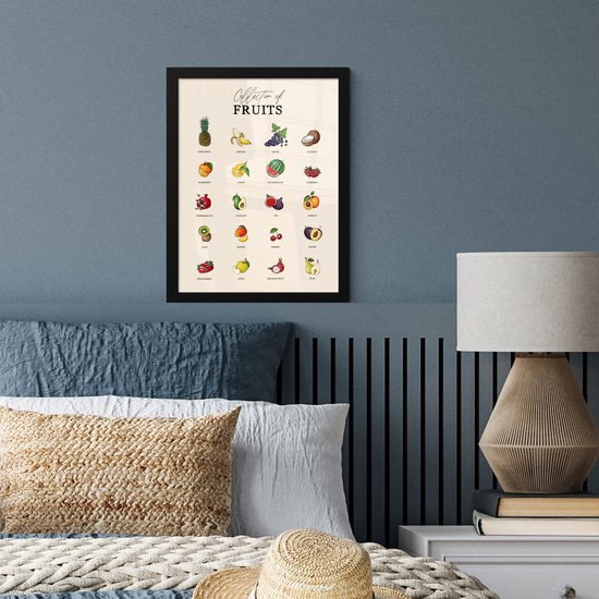 Une affiche avec des illustrations colorées de différents fruits, tels que ananas, banane et raisins.