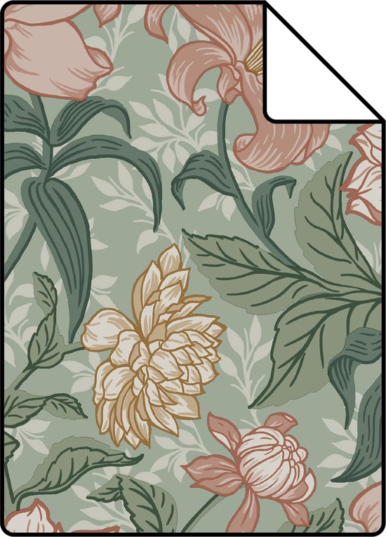 Proefstaal ESTAhome behang vintage bloemen groen en oudroze - 139378 - 26,5 x 21 cm
