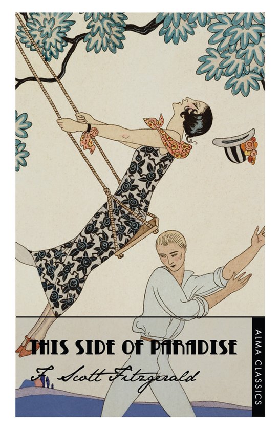 Een vrouw in een jurk met bloemenprint slingert aan een schommel. Titel: This Side of Paradise.