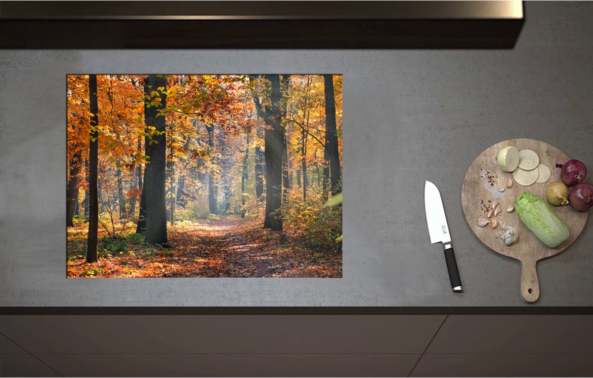 Inductieplaat Beschermer - Bos met Oranje Blaadjes in de Herfst - 70x52 cm - 2 mm Dik - Inductie Beschermer - Bescherming Inductiekookplaat - Kookplaat Beschermer van Zwart Vinyl