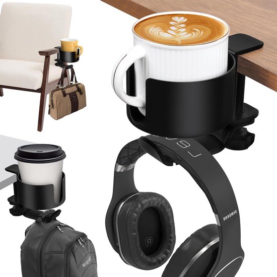 Deze Handige 2-in-1 Bekerhouder Met Koptelefoonhanger – Stevig, Anti-mors En Past Op Bijna Elk Bureau