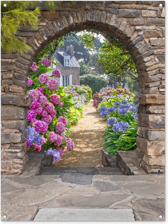 Affiche de jardin - Transparente - Hortensia - Fleurs - Maison - Jardin - 90x120 cm - Décoration de clôture - Toile de jardin
